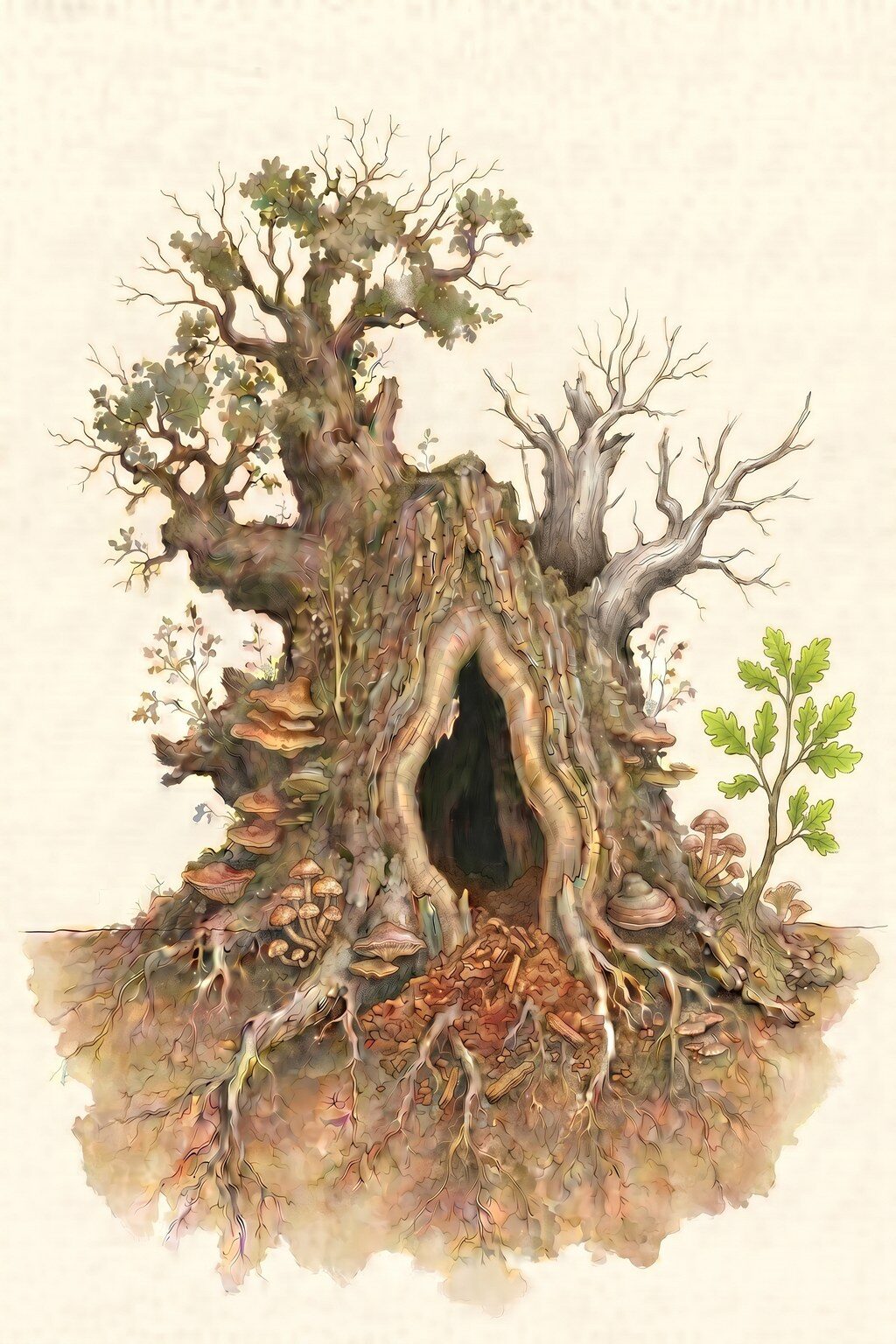 Ilustracija odumiranja i obnove — mladi izboj raste iz starog debla s dupljom (phoenix)